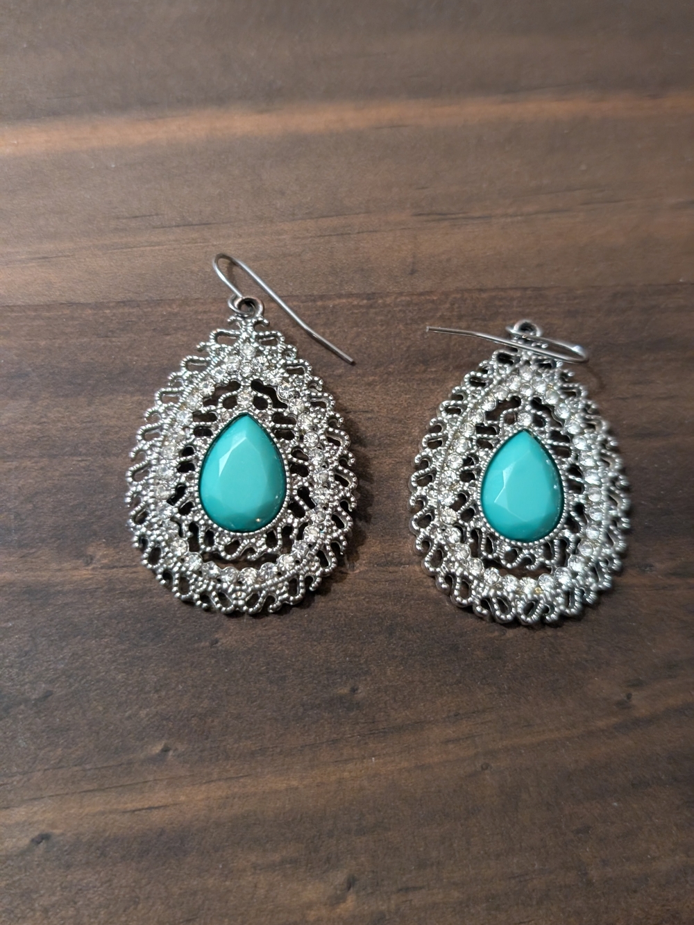 Silver Filigree Teardrop Earrings with Turquoise Stone